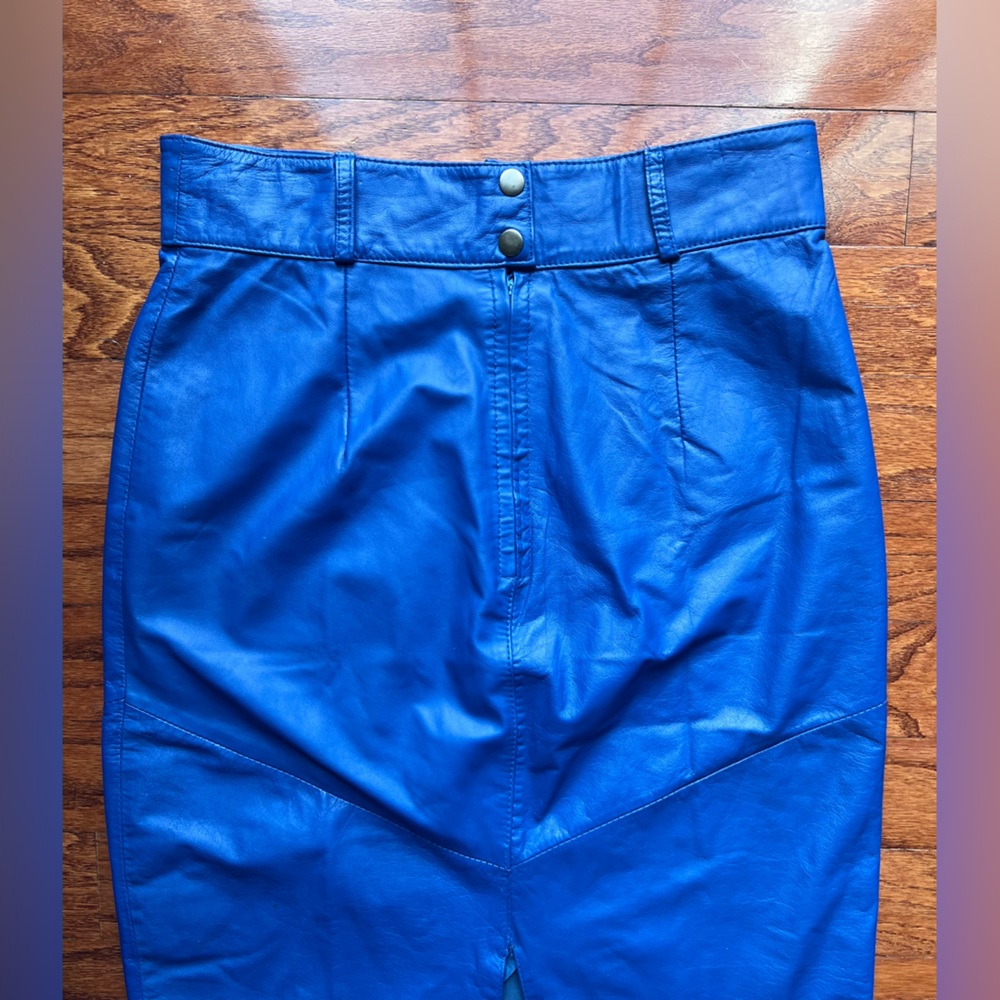 Diana Marco 💯 Leather Chic Blue Pencil Skirt Size 14 - Picture 3 of 5